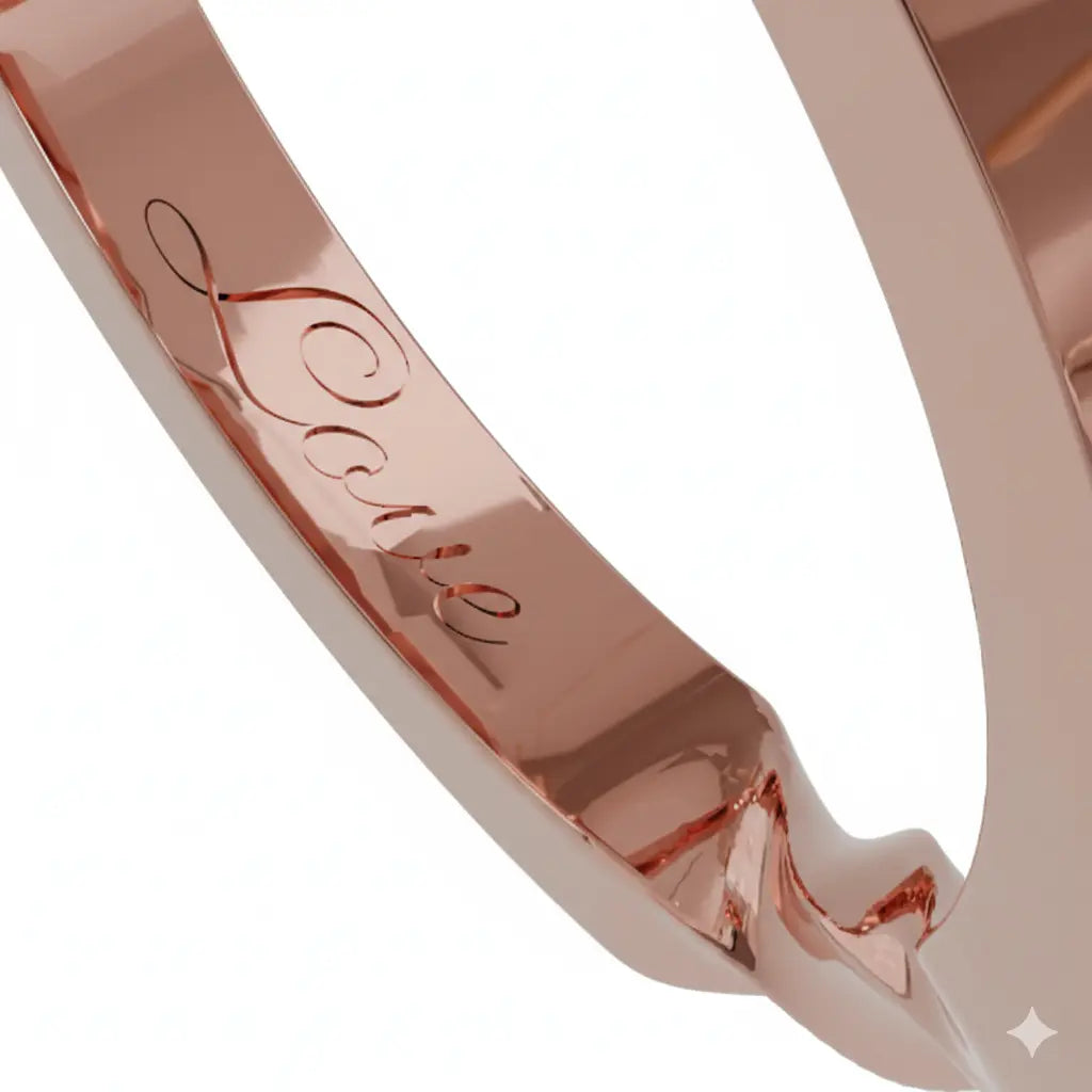 Inside engraving of a Dimis Designs 18K rose gold twist ring, symbolising love and connection