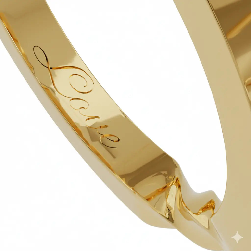 Inside engraving of a Dimis Designs 18K yellow gold twist ring, symbolising love and connection