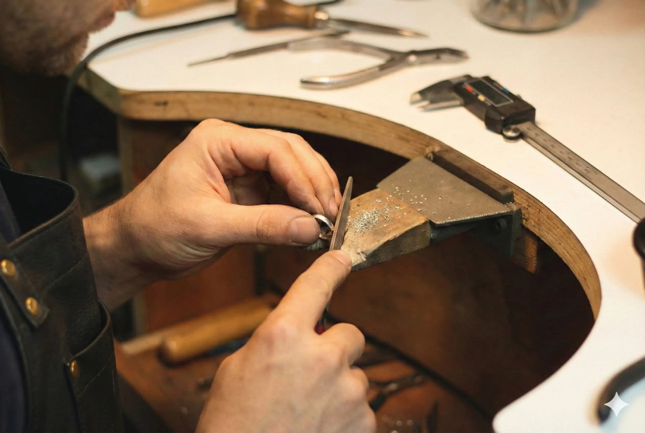 Master jeweller handcrafting a solid gold gratitude ring at the bench, showcasing precision, craftsmanship, and intentional fine jewellery by Dimis Designs in Brisbane, Australia.