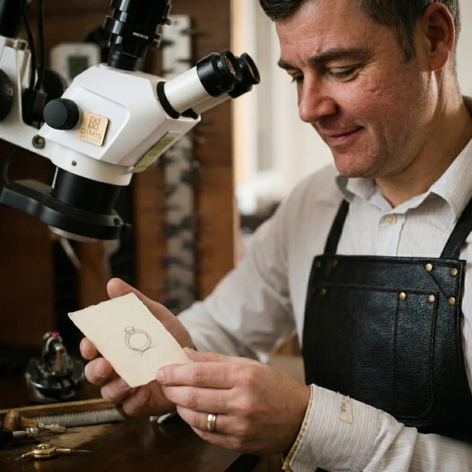 Master jeweller at Dimis Designs handcrafting a solid gold ring under a microscope in a Brisbane studio, showcasing precision, heritage craftsmanship, and intentional fine jewellery.