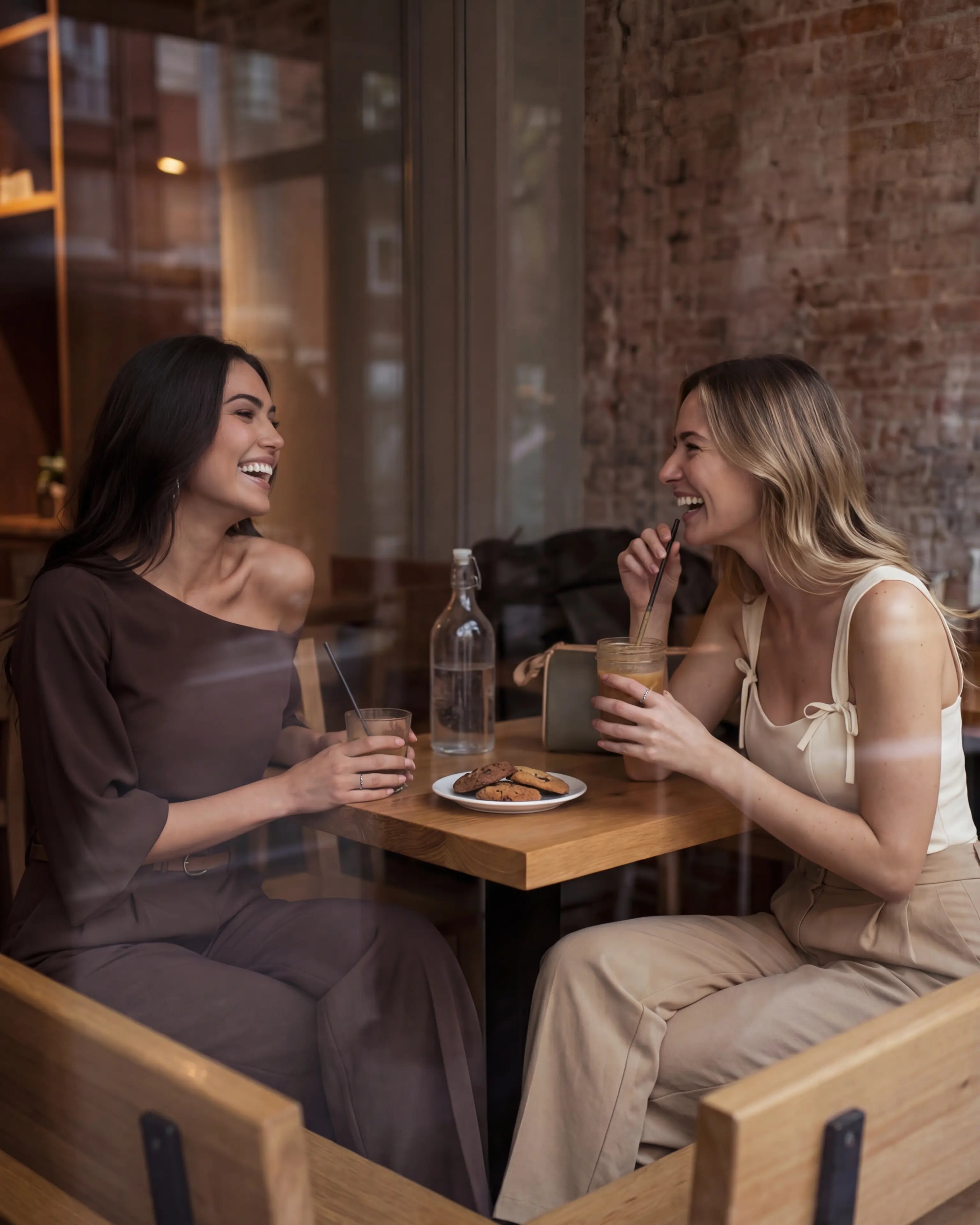 Two women sharing a warm moment over coffee, wearing the Dimis Designs Relationship Gratitude Ring in platinum — a symbol of love, friendship, connection, and intentional living.