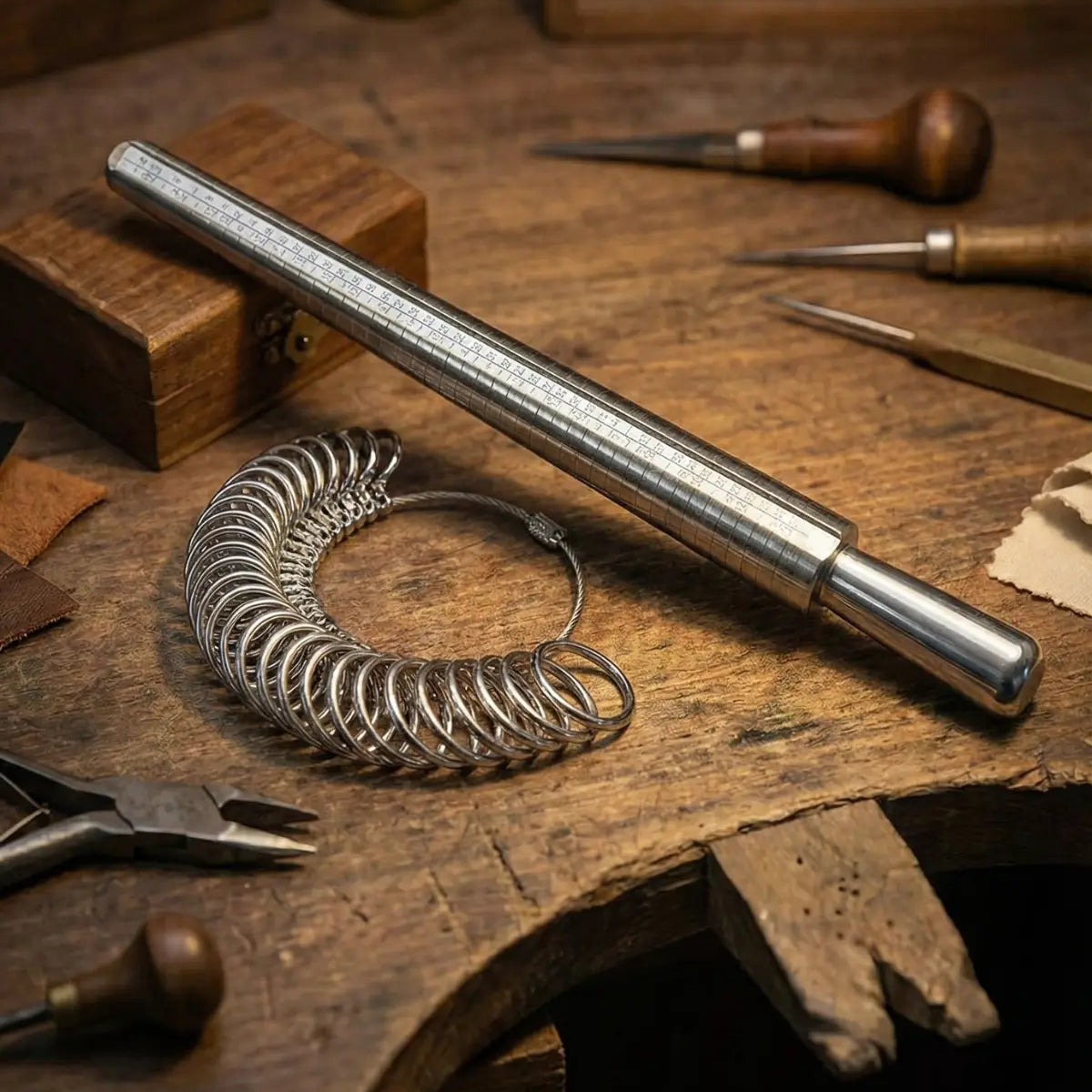 Ring sizing tools and mandrel resting on a jeweller’s workbench at Dimis Designs, reflecting precision craftsmanship, traditional techniques, and heirloom fine jewellery making.