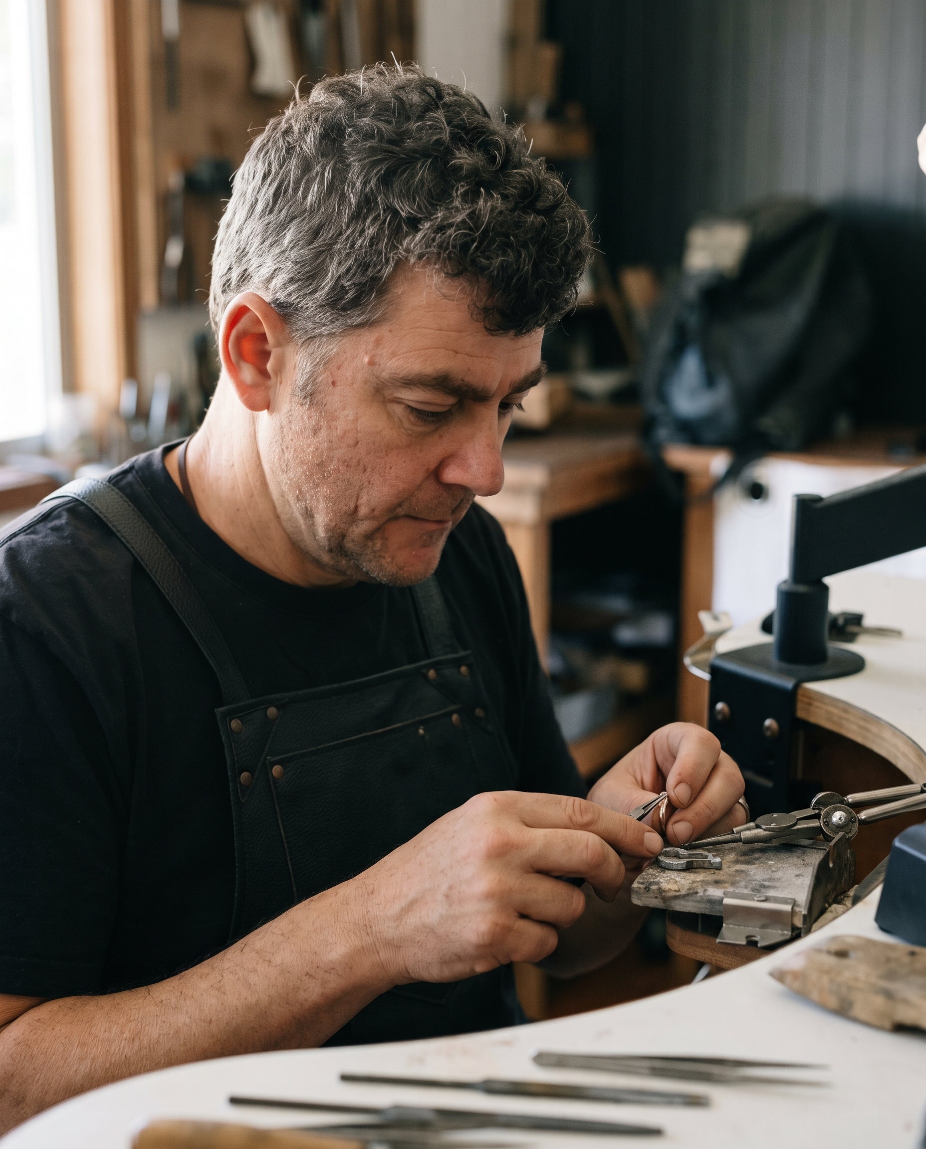 Dimitar, second-generation artisan master jeweller and founder of Dimis Designs, carefully handcrafting a ring at his jewellery workbench in Brisbane, Australia.