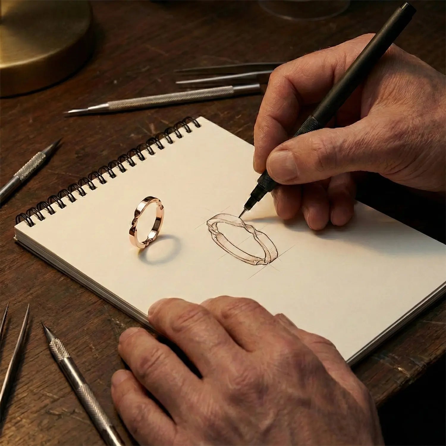 A Gratitude Ring design taking shape on paper beside a finished solid gold band, reflecting the hands-on craftsmanship behind Dimis Designs.